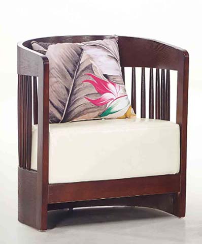 Dark Walnut Vertical Slat Barrel Accent Armchair with Cream Upholstered Seat BC-AC-WS-810
