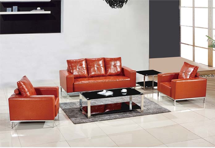 3-Piece Orange Faux Leather Office Lounge Seating Set with Glass Coffee Tables LGS-FL3S-OR01