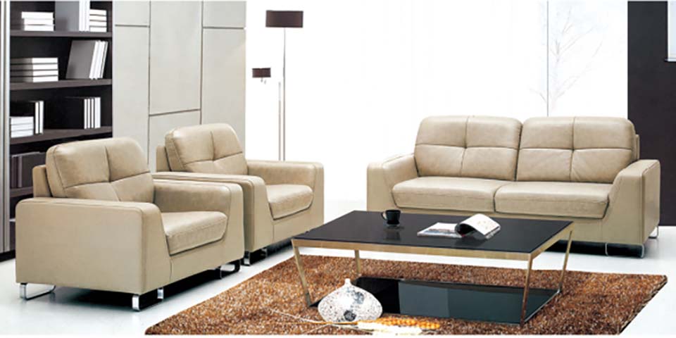 1+1+2 Beige Leather Office Reception Seating Set with Two-Tier Black Glass Coffee Table OFS-RCP-112-BG01