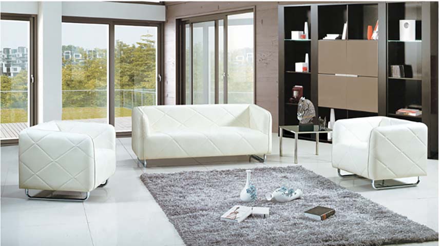 3-Piece White Diamond Quilted Living Room Seating Set with Chrome Cantilever Sled Bases LVS-WHT-DQ-CHR-3PC