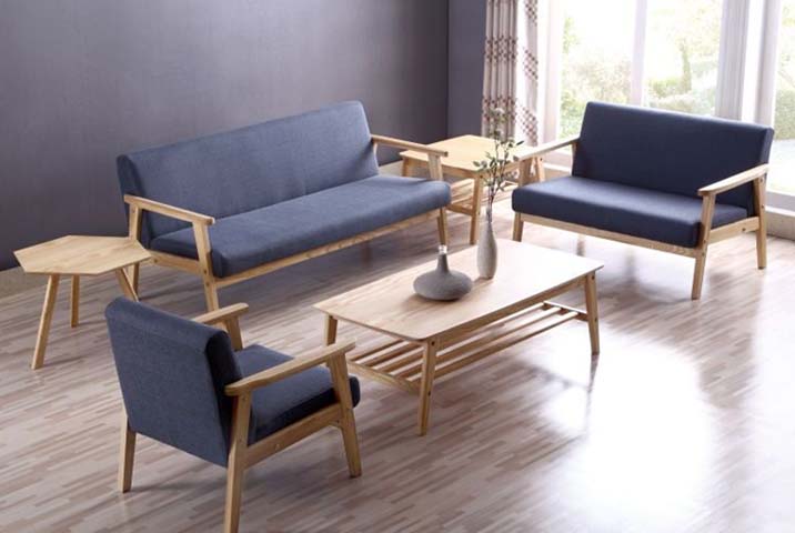 Nordic Style Light Solid Wood Frame Navy Fabric 3+2+1 Living Room Sofa Set with Matching Coffee Table and Side Tables LS-NAVY-WOOD-321SET