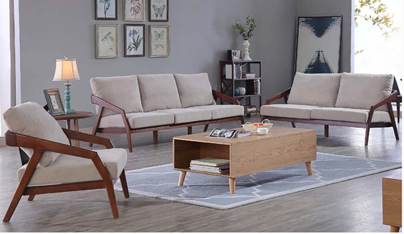 Mid-Century Wood Frame Living Room 4-Piece Set (3-Seat Sofa, 2-Seat Loveseat, Accent Armchair, Storage Coffee Table) MCM-WD-LIVSET-01