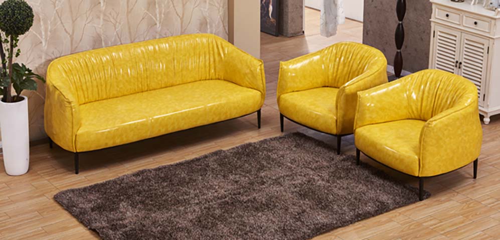 3-Piece Barrel Style Living Room Sofa Set, Bright Yellow Glossy Faux Leather with Black Metal Legs SOF-SET-YEL-3PC-BRL-MTL