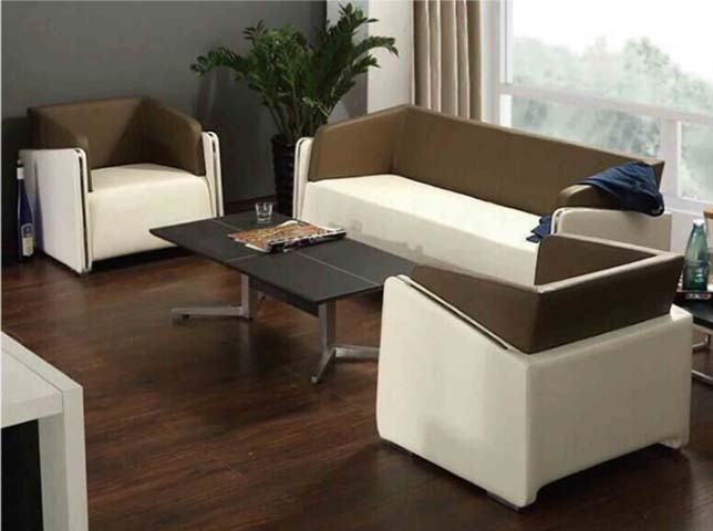 Commercial Office Reception Lounge Set, 3-Seat Sofa + 2 Armchairs + Cross-Base Coffee Table, Two-Tone White and Brown OFL-311-CT-WB