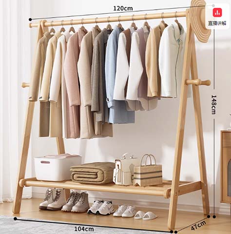 Natural Wood Folding A-Frame Freestanding Garment Rack with Bottom Storage Shelf FW-GR120-47-148