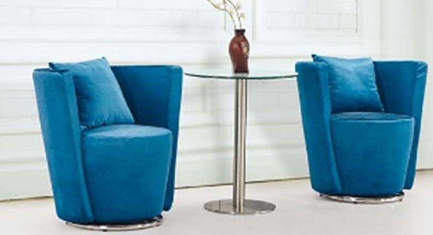 Three-Piece Swivel Lounge Seating Set with Two Blue Upholstered Tub Chairs and Round Glass Table LGS-2C-GT-TEAL