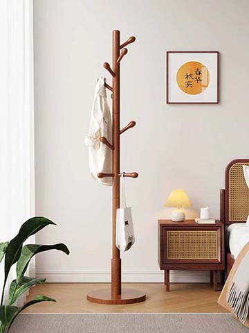 Freestanding Walnut-Finish Wooden Coat Rack with Multi-Tier Hooks CR-WD8-CRESCENT