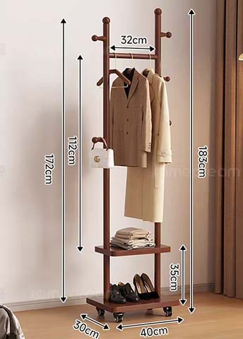 Mobile Wooden Coat Rack with Two Storage Shelves and Casters MCR-W40D30H183