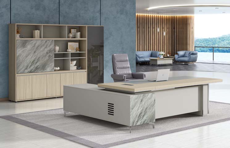 Executive Office Desk with Side Credenza and Wall Storage Hutch EDK-MARBLE-2400-LC