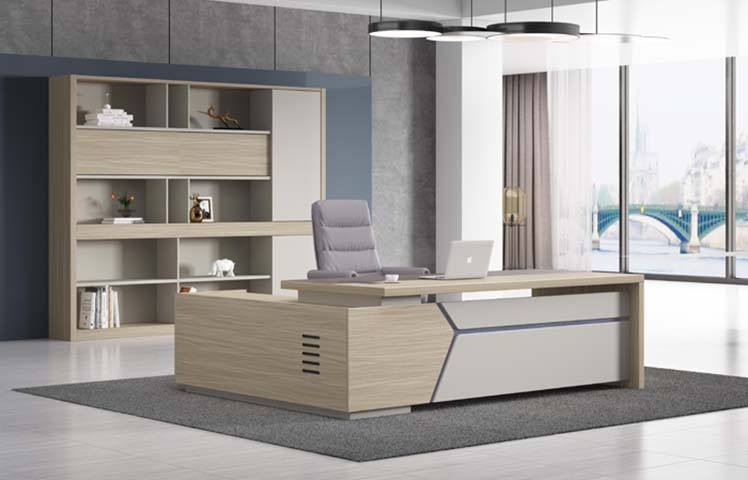 L-Shaped Executive Desk with Left Storage Credenza and Wall Bookcase ED-LS-2400-OC