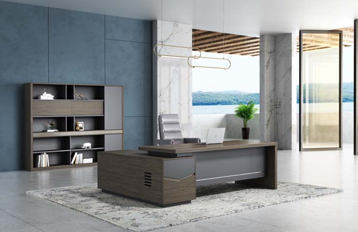 Walnut and Grey L-Shaped Executive Desk with Integrated Side Storage Cabinet ED-L2400-WG-01
