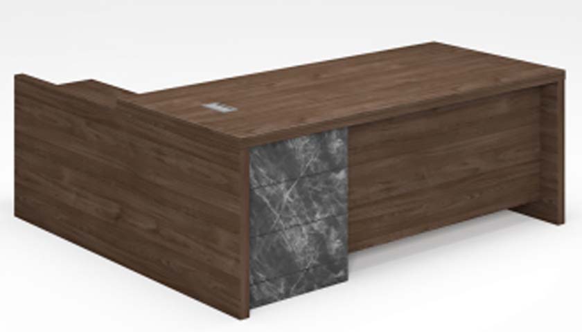 L-Shaped Executive Office Desk with Walnut Finish and Stone-Look Drawer Front ED-L2400-WAL-SM