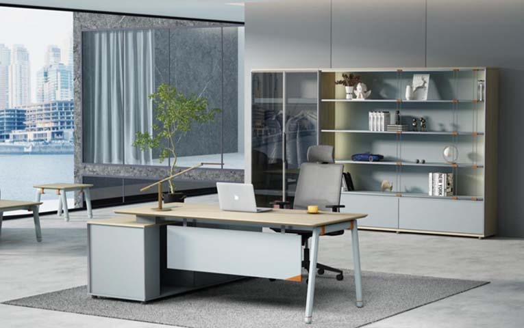L-Shaped Executive Office Desk with Left Storage Pedestal and Modesty Panel EDU-L2200-PED-GRY-OAK