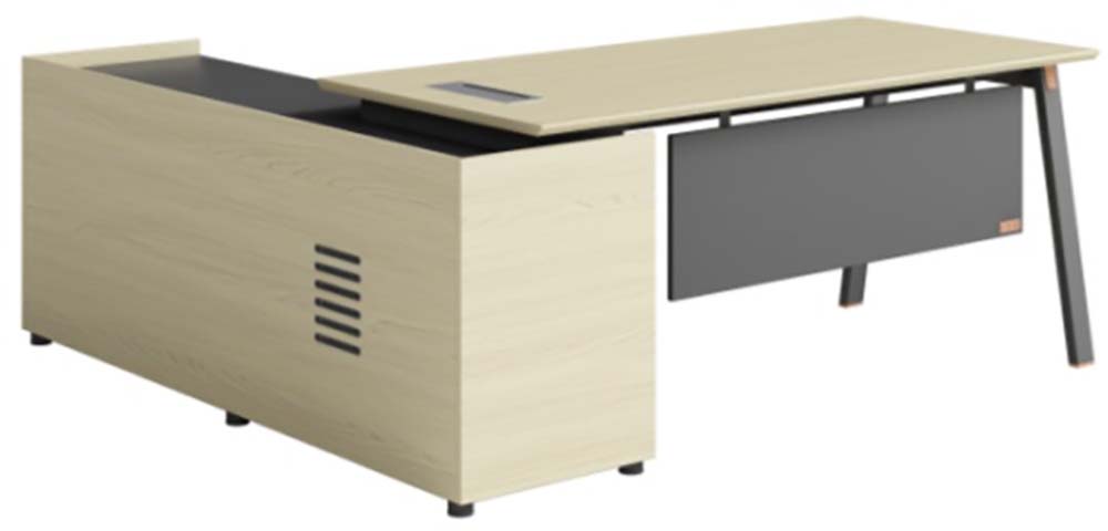 L-Shaped Executive Office Desk with Fixed Side Storage Cabinet EDU-L1800-CAB-BLK-OAK