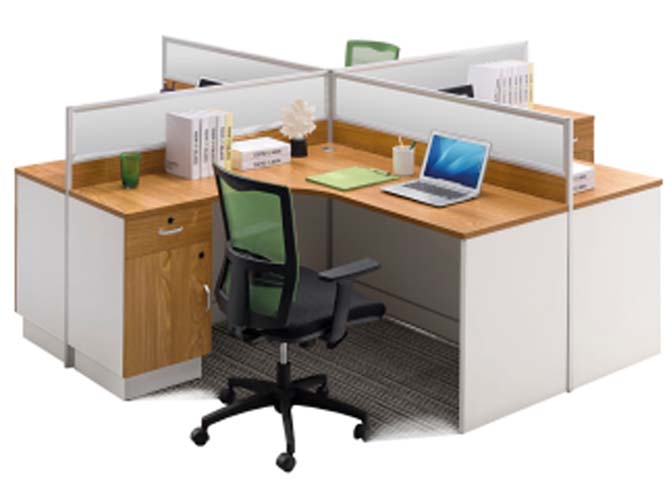 Four-Person Cross-Shaped Office Workstation with Partitions and Under-Desk Pedestals WS-CRS4-OAK-WHT-2800