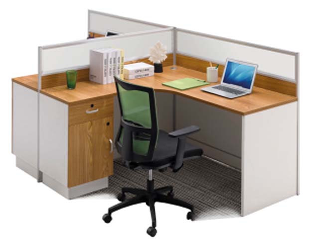 L-Shaped Panel-Based Office Workstation with Partition Screens and Storage Pedestal WS-L1400-OAK-WHT