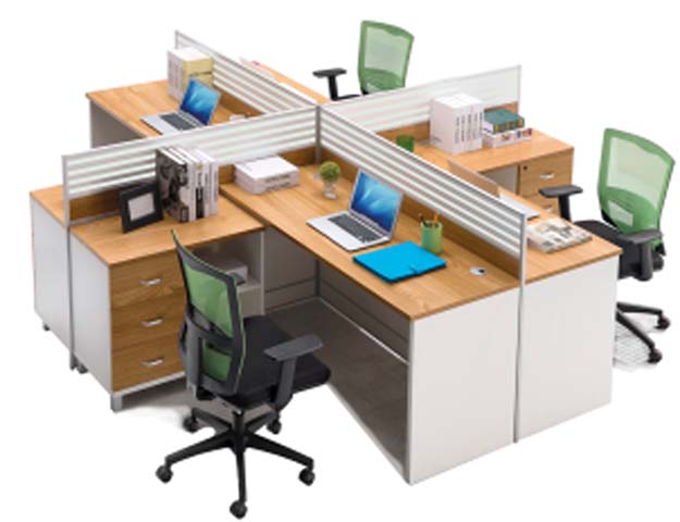 Four-Person Cross-Shaped Panel Workstation with Integrated Drawer Pedestals WS-CR4-OAK-WHT-2800