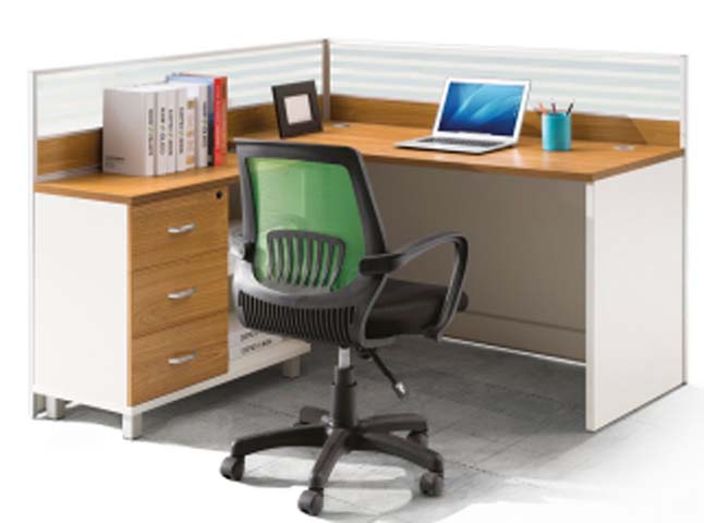 L-Shaped Panel Partition Workstation with Three-Drawer Pedestal and Mesh Task Chair WS-L1400-CH-GRN01