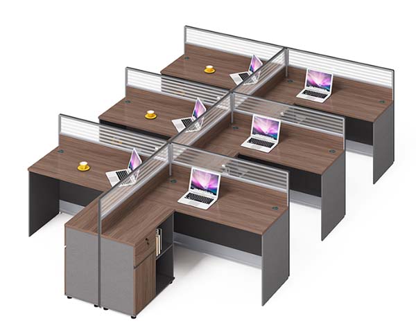 Six-Person Cross-Shaped Modular Office Workstation with L-Shaped Desks and Frosted Screens CW6-L1400-FS-GRY