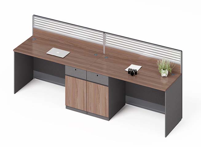 Two-Person Linear Office Workstation with Central Storage and Slatted Privacy Screen WS-2P-3600-CAB-SCR
