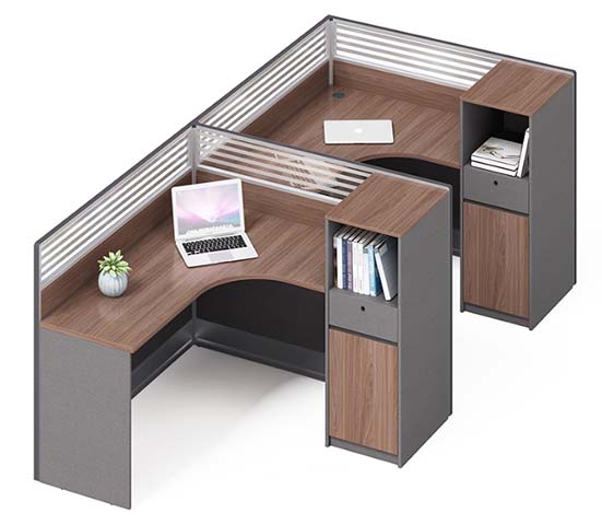 Two-Person 120-Degree Clustered Office Workstation with Screens and Pedestals WS-CLUSTER-120-2P-WALNUT