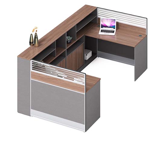 L-Shaped Reception Desk with Storage Display and Privacy Screens RC-LSH-2400-1800-WAL-GRY