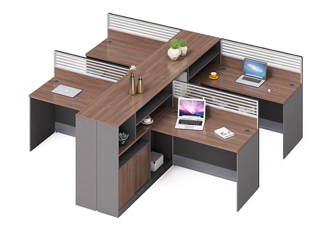 Four-Person Cross-Shaped Panel Workstation with Central Storage and Privacy Screens WS-CR4-WAL-GRY-2824