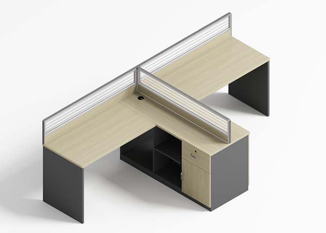 Two-Person L-Shaped Panel Workstation with Central Divider and Storage Pedestal WS-2P-L1430-PED