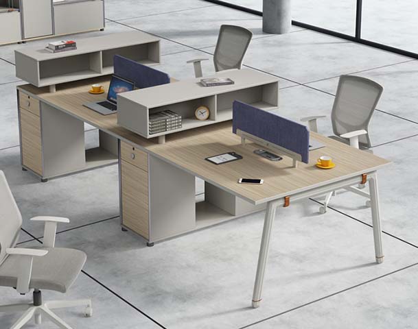 Four-Person Modular Workstation with Privacy Screens and Storage Hutch WS-4P-OAK-GRY-2800
