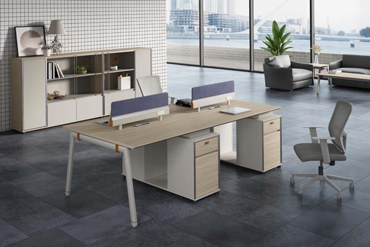Four-Person Open-Plan Office Workstation with Divider Screens and Under-Desk Pedestals WS-4P-OAK-WHT-2400