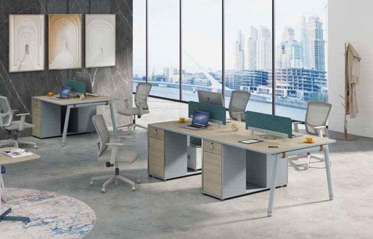 Four-Person Panel-Based Open Office Workstation with Pedestals WS-4P-OAK-GRY-2800
