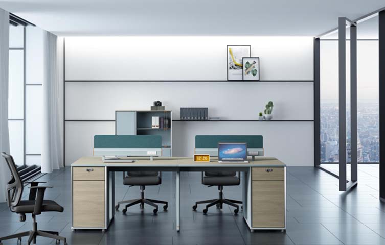 Four-Person Panel-Based Office Workstation with Integrated Pedestals and Divider Screens WS-4P-2400-OAK-TEAL