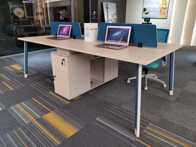 Four-Person Shared Office Workstation with Blue Divider Panels and Central Lockable Pedestal WS4-2400-BLU-PED