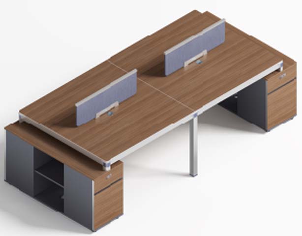 Four-Person Back-to-Back Workstation with Central Screens and End Storage Pedestals WS4-B2B-WALNUT-2800-1200