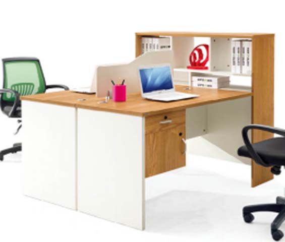 Two-Person Panel-Based Office Workstation with Hutch and Drawer Pedestal WS-2P-2800-OAK-WHT