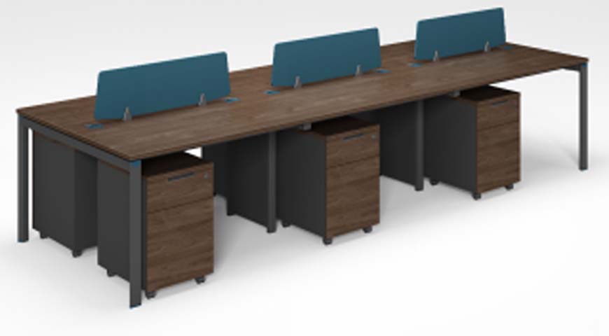 Six-Person Bench Workstation with Teal Dividers and Mobile Pedestals BW6-3600-TEAL-PED