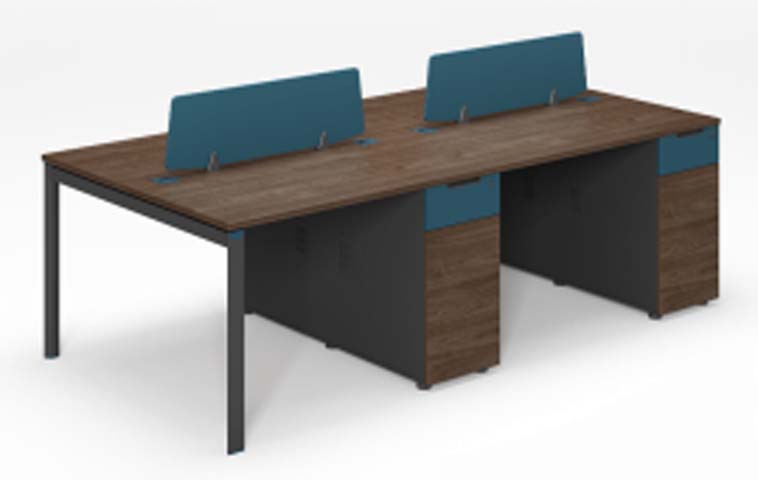 Four-Person Bench Workstation with Screens and Under-Desk Pedestals WS-BENCH4-2800-WAL-BLU