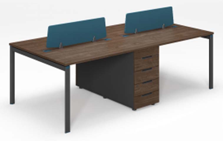 Four-Person Bench Workstation with Divider Screens and Central Drawer Pedestal WS-B4-2800-WAL-BLUE