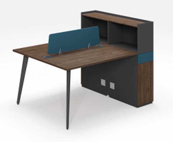 Two-Person Workstation Desk with Divider Screen and Rear Storage Hutch WS-2P-HUTCH-2400-WAL-BLU