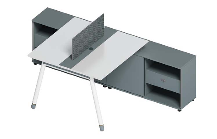 Two-Person Linear Workstation with Central Divider and Integrated Storage Cabinets WS-2P-LIN-3200-GRY-WHT