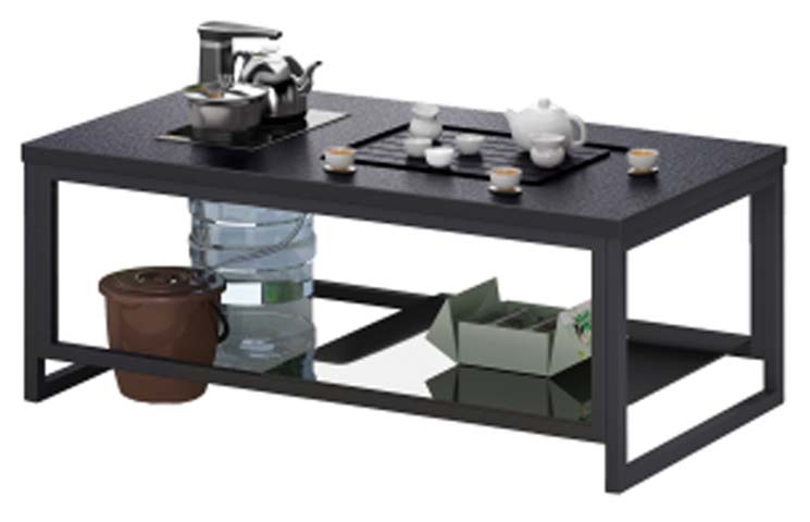Black Metal Frame Tea Coffee Table with Integrated Tea Tray and Lower Storage Shelf TCT-BK-1200-2S-TRAY