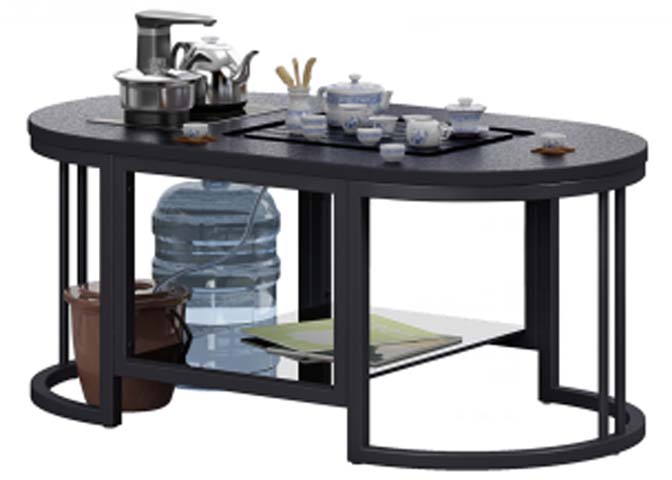 Oval Tea Table with Integrated Electric Kettle Station and Lower Shelf OTT-1200-KT-BLK