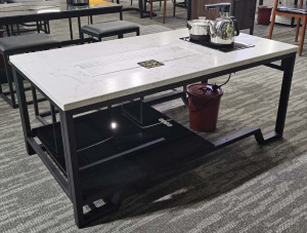 Tea Table with White Marble-Style Top, Black Metal Frame and Integrated Kettle Station CTT-W1200-MK01