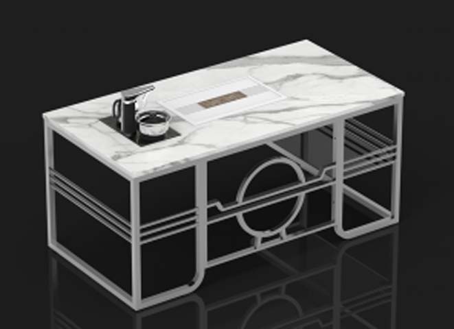 Marble-Look Tea Table with Integrated Tea Station and Metal Frame TT-MARBLE-1200-METAL