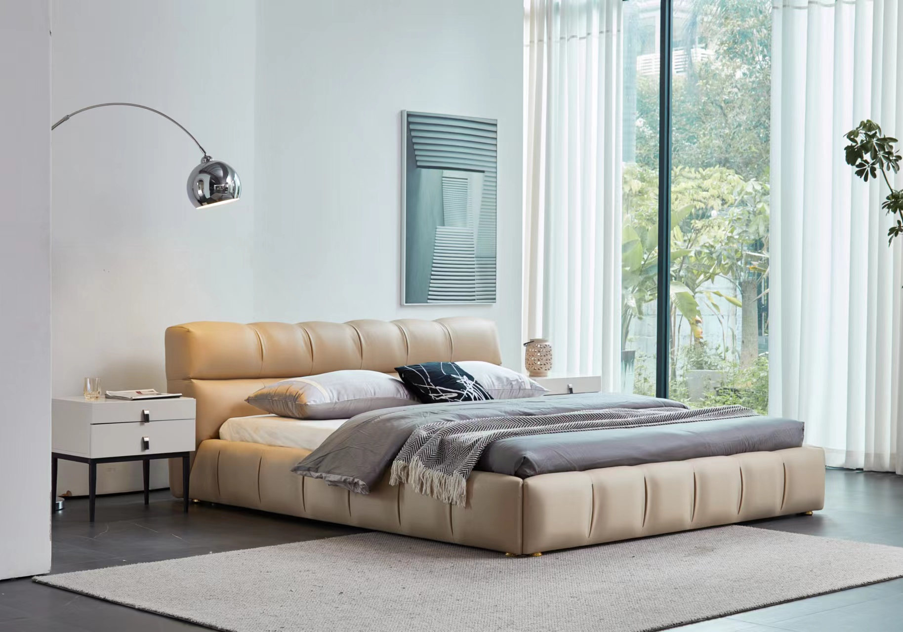 Beige Tufted Upholstered Platform Bed BED-UPH-TFT-BG-1800