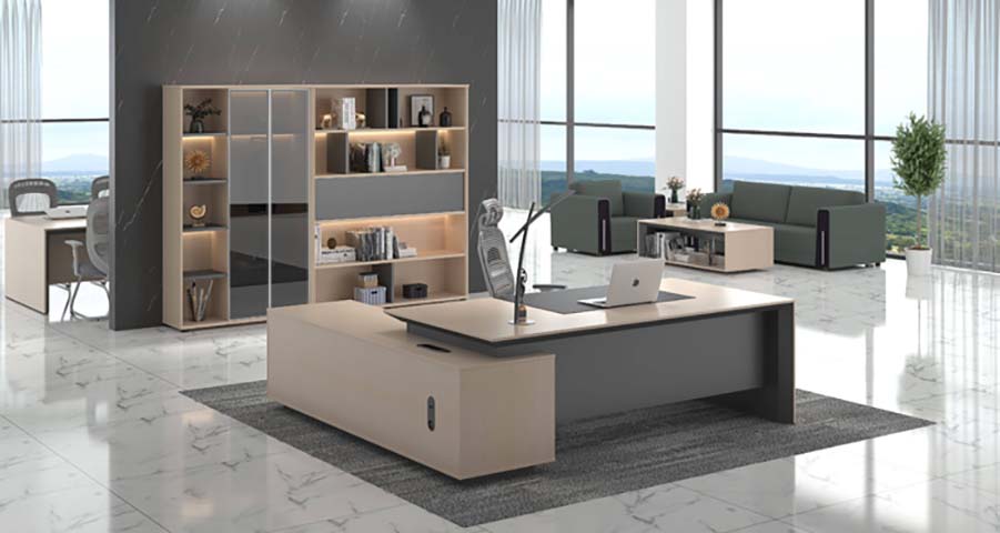 Two-Tone L-Shaped Executive Office Desk with Integrated Left Side Cabinet EXD-L2400-2T