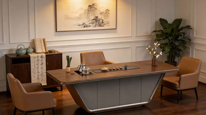 Integrated Wooden Tea Conference Table with Three Upholstered Armchairs TBL-TEA-2400-3CH-SET