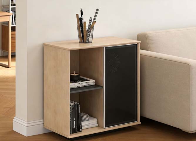 Compact Oak-Effect Storage Cabinet with Open Shelves and Black Door CAB-OAK-BK-700