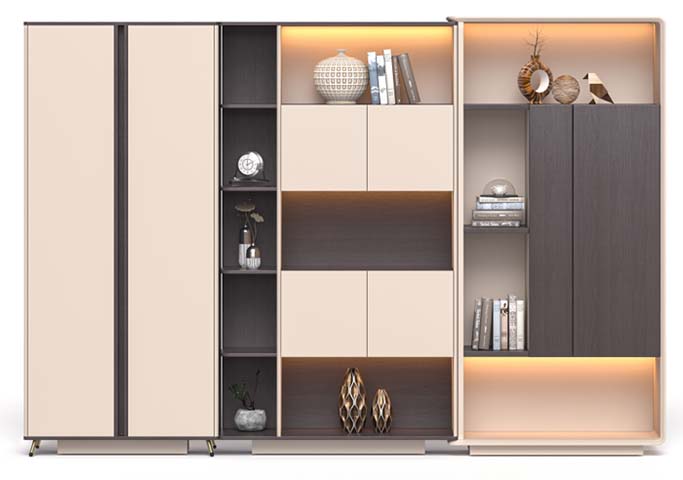 Modular Tall Storage Cabinet with Open Display Shelves and Integrated Warm Lighting TC-DISP-3200-2200-CB