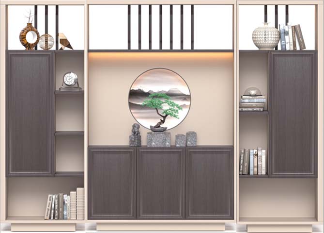 Modern Chinese Symmetrical Display Cabinet with Open Shelves and Storage Doors DC-SYM-3200-2200-WD